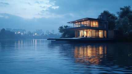 Modern Lake House at Dusk: Serene Waterfront Residence