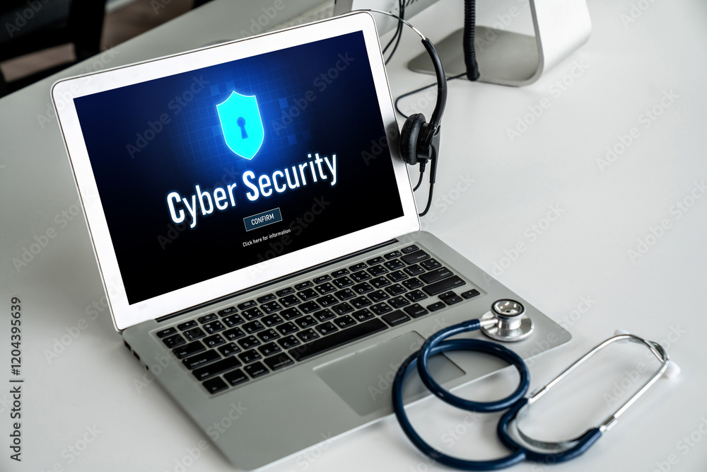 Poster cyber security system on computer screen protect private information snugly from hacker and cyber at