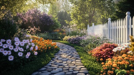 Naklejka premium Serene Garden Path With Colorful Flowers And White Fence