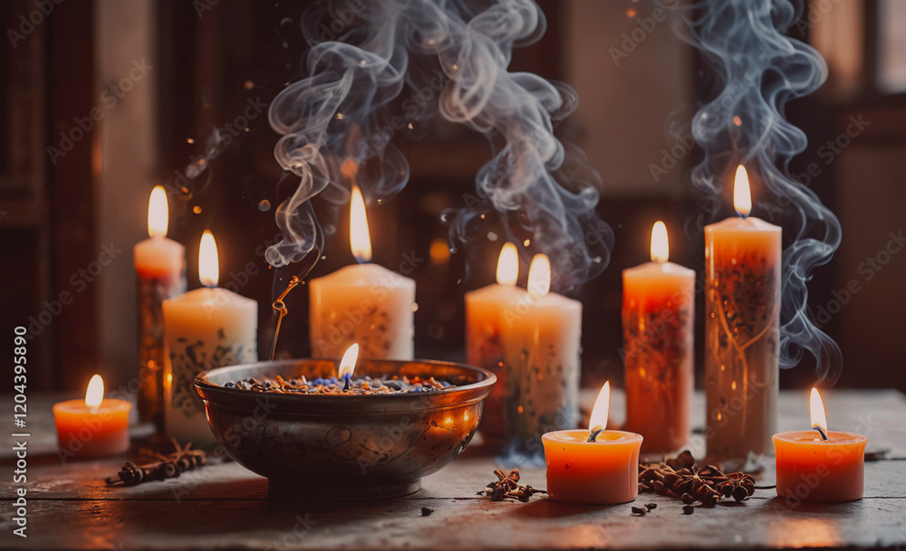 Aufkleber table with candles and a bowl of incense. the candles are lit and the incense is burning, creating a
