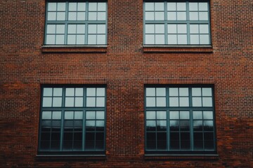 Obraz premium Urban architecture showcases a red brick facade with large window panes reflecting the overcast sky in a contemporary city setting during the early evening hours