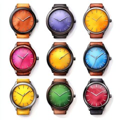 Collection set watercolor, wearable tech for productivity like smartwatches and health trackers, ideal for remote workers with sleek finishes