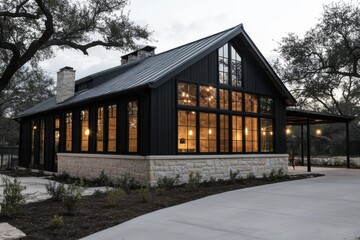 A contemporary black house features expansive windows that beautifully illuminate with warm lights, creating a stunning glow during twilight hours
