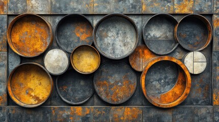 Rust-colored metal circles on dark stone.