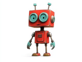 Red and turquoise robotic character with expressive antennas and a playful pose, embodying whimsical robotics, futuristic technology, and creative design for imaginative digital art