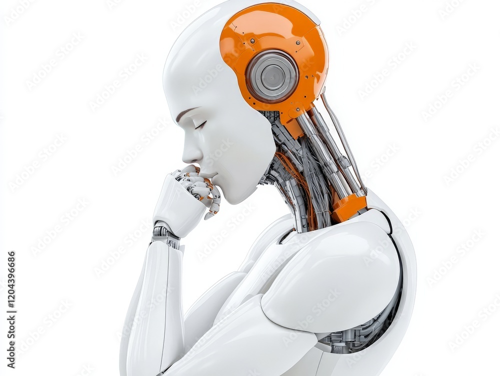 Poster futuristic humanoid robot with a reflective white exterior and intricate orange circuitry design dee