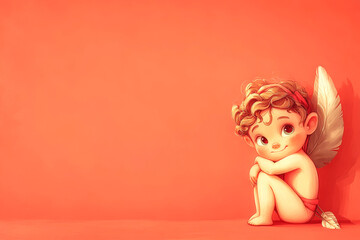 Fototapeta premium Cartoonish drawing of little cupid on valentine day on red background with space for text