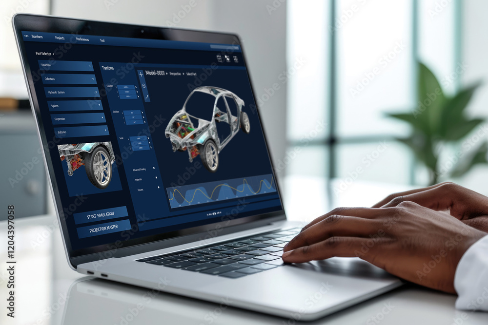 Poster electric car design software on computer screen showing simulation blueprint brisk by digital calcul