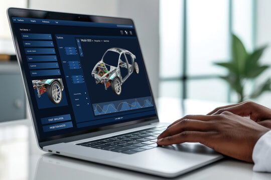Electric car design software on computer screen showing simulation blueprint brisk by digital calculating application for manufacturing preparation - Powered by Adobe
