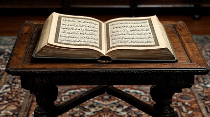 Obraz premium Open antique Quran on wooden table.