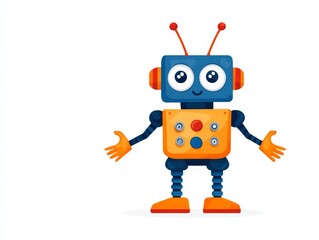 Fototapeta premium Friendly blue robot with orange accents and square buttons on its chest, extending arms in a welcoming pose on white background, highlighting fun and interactive robotics