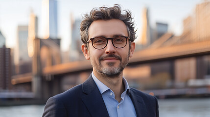 Obraz premium Smiling Man in Glasses with Brooklyn Bridge and City Skyline in the Background