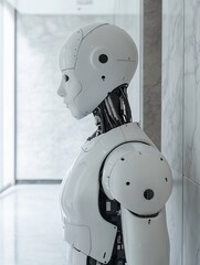Naklejka premium Humanoid Robot Stands Calmly in Modern Hallway. AI Generated