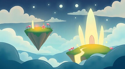 Abstract illustration wallpaper, showcasing a surreal landscape with floating islands and luminous flora, rendered in a whimsical, almost childlike style, with pastel co.