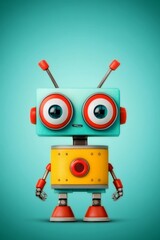 Fototapeta premium Yellow boxy robot with oversized eyes, vibrant red arms, and playful pose, set against a turquoise background, representing fun, retro inspired design and cheerful robotics
