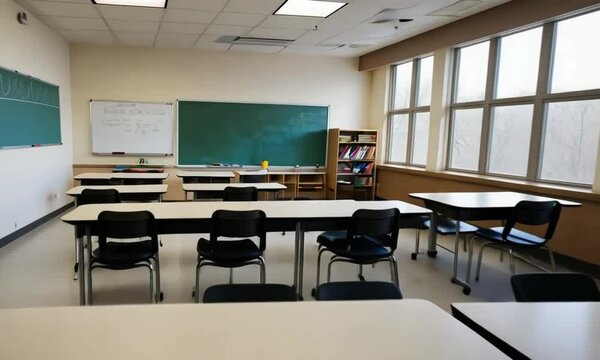 Classroom with class animation. Rays of light falling to the empty dark classroom. The camera panning behind rows of desks and chairs. Teaching class without students during a break.