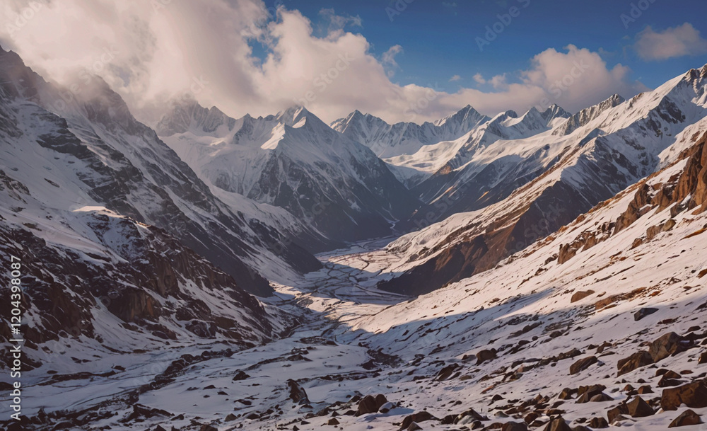 Aufkleber mountain range with snow-covered peaks and a valley in between. the sky is clear and the sun is shin