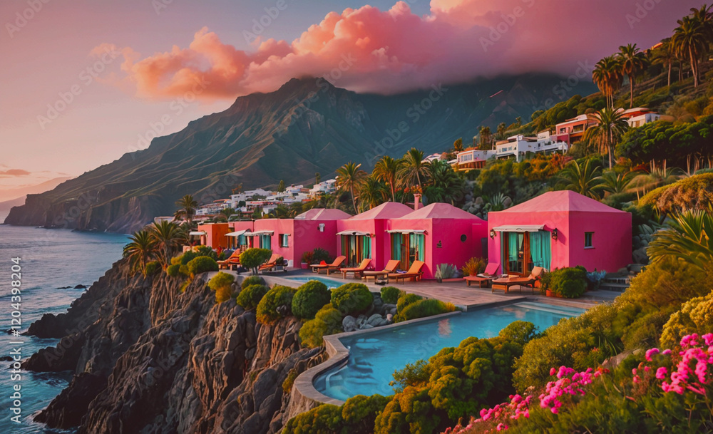 Aufkleber beautiful pink house with a pool and a view of the ocean. the house is surrounded by trees and the o