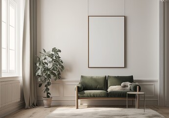  living room with white wall, empty picture frame, soft green sofa, and modern pendant light. Simple interior design with neutral colors.
