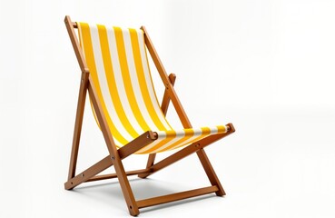 Empty yellow striped beach chair isolated on white background. Relaxing summer vacation scenery. Wooden beach lounger. Ideal for beach vacations. Perfect for resorts. Tropical getaway. Comfort,