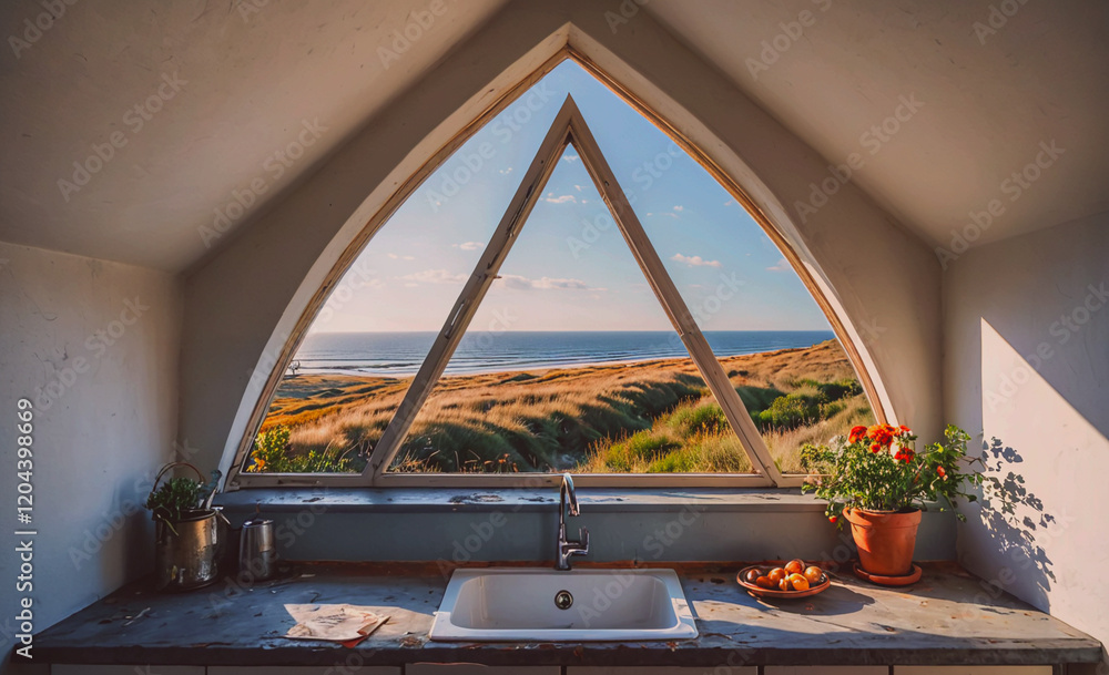 Aufkleber kitchen window overlooking a beach. the view is serene and peaceful. a sink is visible on the counte