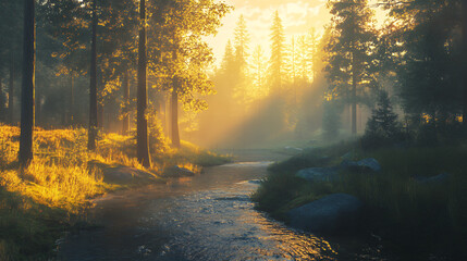 Obraz premium Sunlit forest with a tranquil river and golden morning glow