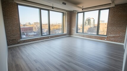 Obraz premium Empty room with white wooden floor, light brown brick walls, and large windows showcasing a cityscape view.