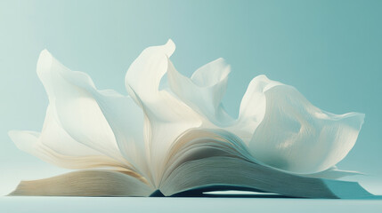 An open book with fluttering pages in a soft breeze, set against a serene pastel sky-blue background, evoking tranquility and poetic beauty through delicate motion and subtle elegance