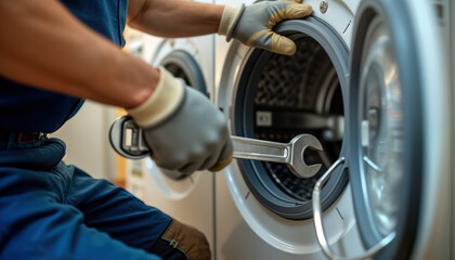 Fototapeta premium Repairman fixes washing machine. Pro uses wrench on appliance. Home repair service. Technician works on modern tech. Home appliance maintenance. Man in uniform. Closeup of hands, tool. Quality tech