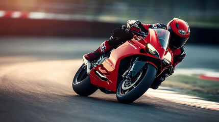 Red motorcycle racing on a track, showcasing speed and power