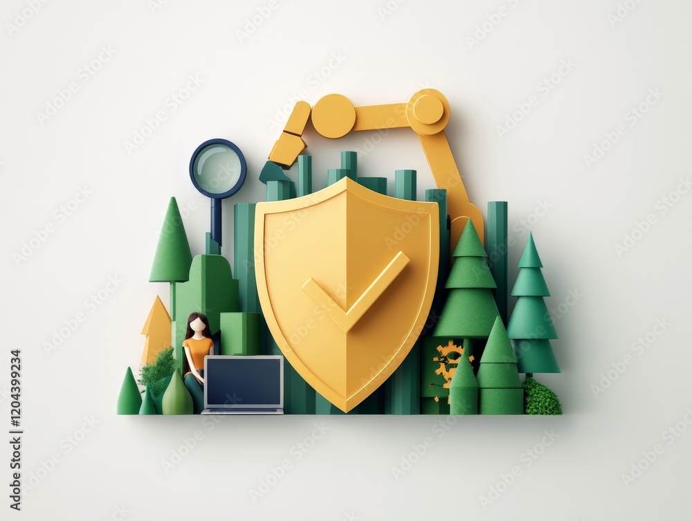 Poster conceptual 3d rendering of a gold shield surrounded by miniature forest elements and a businessperso