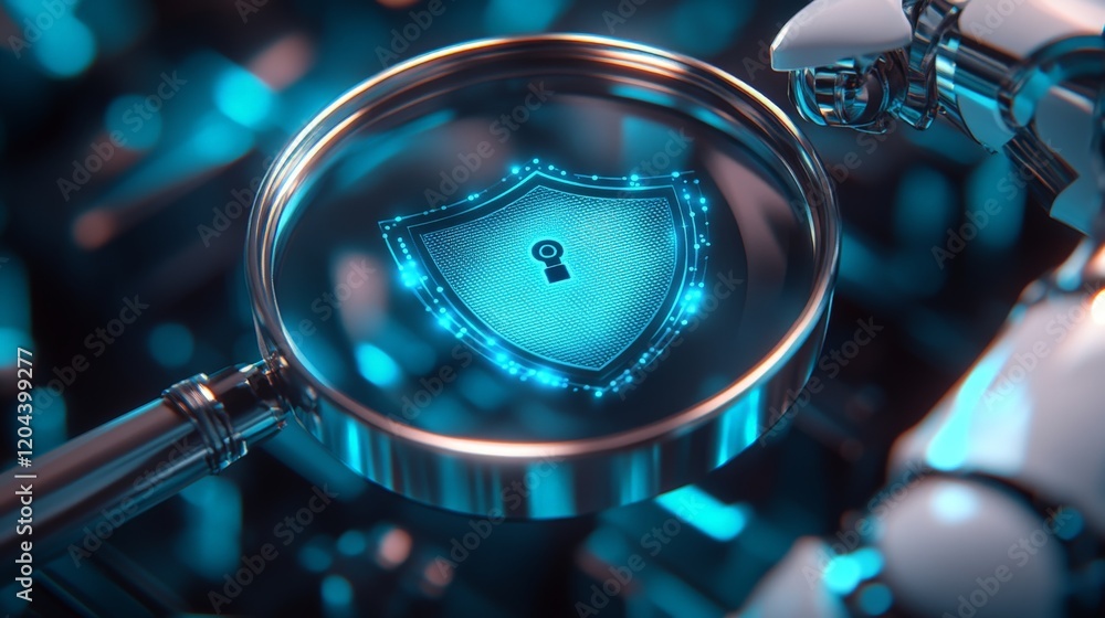 Poster macro close up of a magnifying glass focusing on a glowing blue lock icon surrounded by digital circ