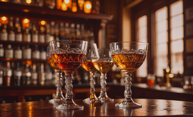 Group of wine glasses are lined up on a table in a bar. The glasses are filled with a golden liquid, and the scene conveys a sense of relaxation and enjoyment