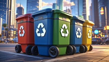 Colorful recycling bins arranged in urban area during sunny daylight