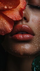 Obraz premium Close-up of a woman’s face with flower and droplets at sunset