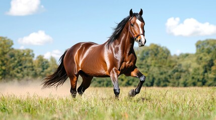 Fototapeta premium Bay horse gracefully cantering across a sun-drenched pasture.