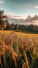 Golden Rice Field Sunset Warm Light. AI Generated