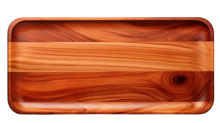 Rustic rectangular wooden tray, ideal for serving or home decor, studio view, isolated on transparent background.