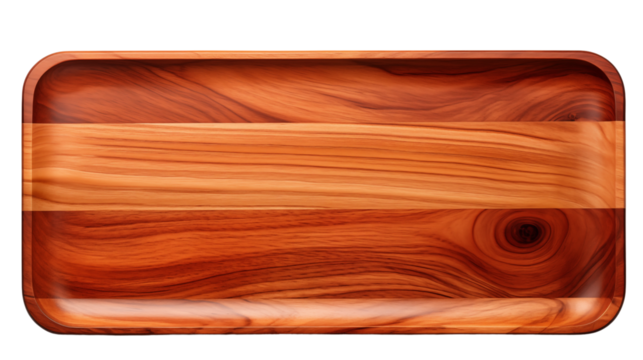 Rustic rectangular wooden tray, ideal for serving or home decor, studio view, isolated on transparent background.