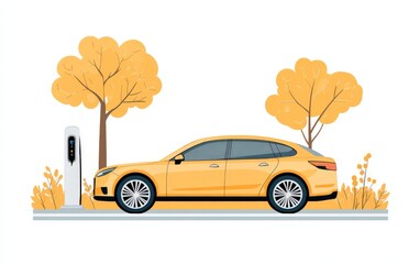 Yellow electric car charging at a station surrounded by golden autumn trees, symbolizing renewable energy, eco friendly vehicles, and seasonal aesthetics in a modern vector art style