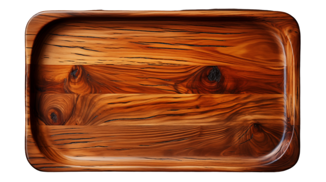 Elegant rectangular wooden tray, ideal for showcasing food or decorative items, studio view, isolated on transparent background.