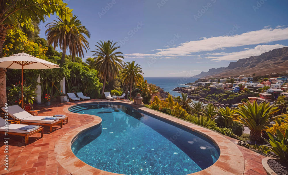 Aufkleber A pool with a view of the ocean and palm trees. The pool is surrounded by a lush green garden and there are several lounge chairs and umbrellas for relaxation