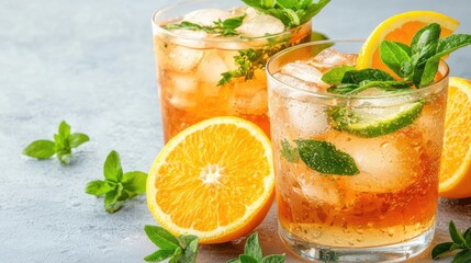 Refreshing orange and mint iced tea drinks on a stone background. Perfect for summer beverage ads