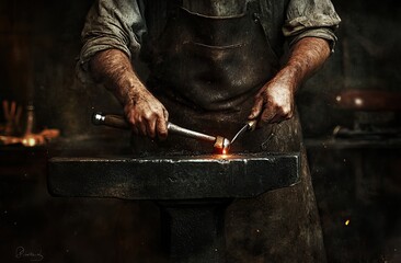 A blacksmith working with tools and fire in a traditional forge. AI generated image