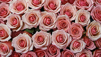 Natural fresh pink roses flowers pattern wallpaper. Pink rose flower wall background. Generative AI.