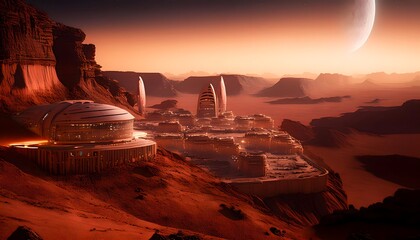 Ultra-Modern Mars Base with Stunning Red Desert and Lunar Horizon
