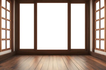 a spacious room with a large white wall, wooden floor, and wooden window frames on both sides