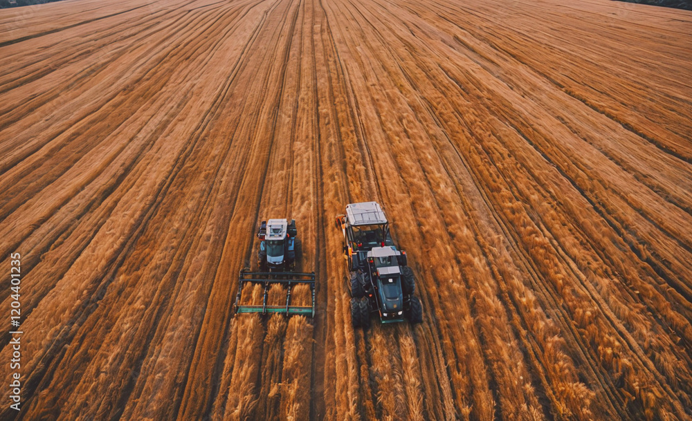Aufkleber a field of grain is being harvested by two tractors. the tractors are in the middle of the field and