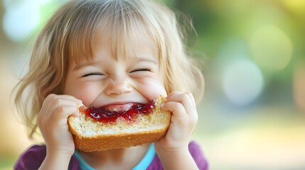A child eating a peanut butter and jelly sandwich