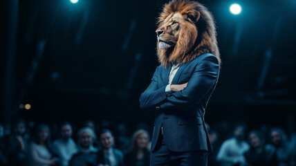 Obraz premium Antropomorphic Lion Leader Standing Confidently on Stage in Front of the Audience